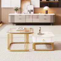Set di Tavolini da Salotto Impilabili in Marmo Lucido e Vetro con Dettagli Dorati e Cassetti, 60x60x42,5 cm + 50x50x34 cm, Bianco