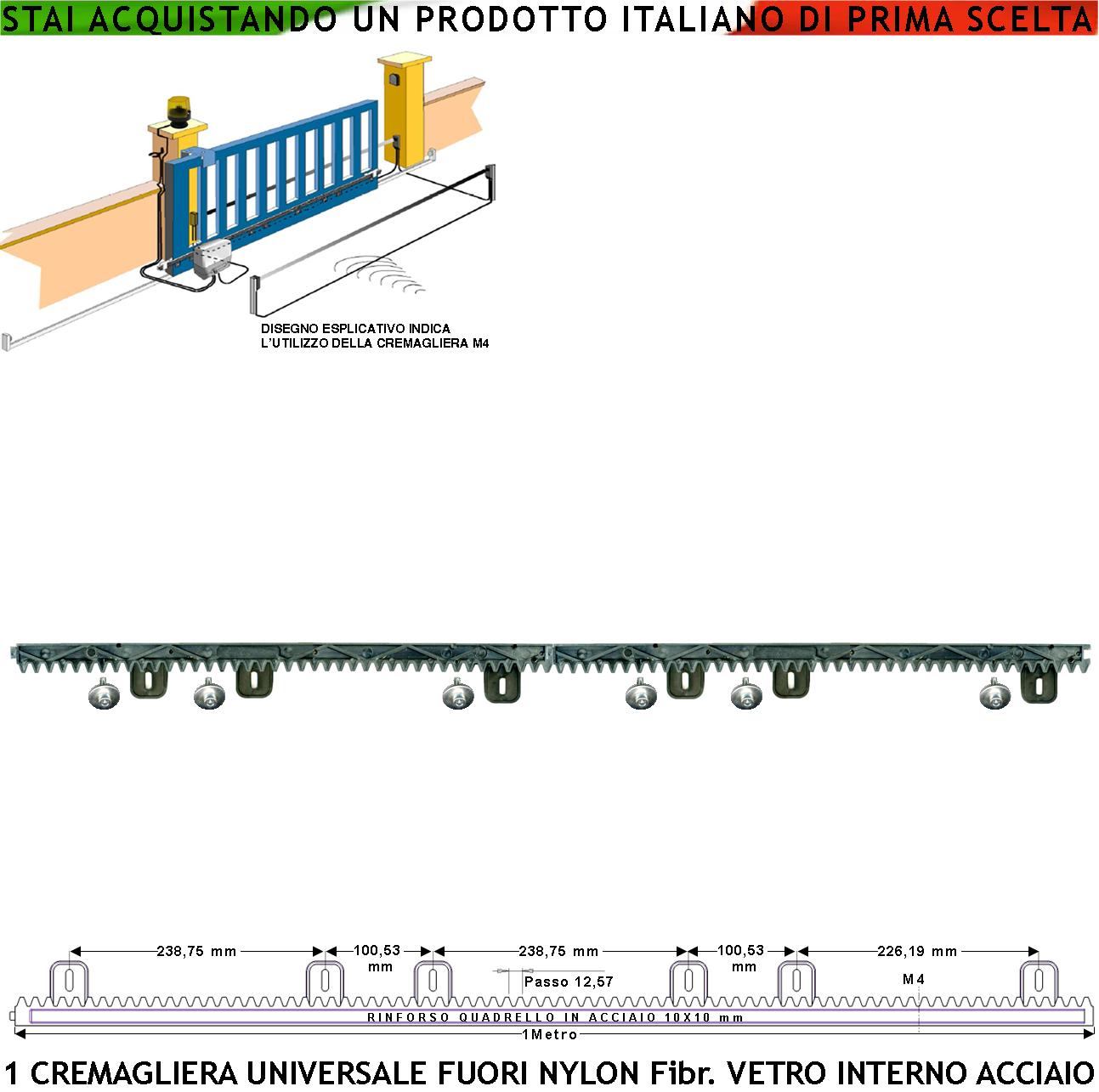 Asta Cremagliera Universale Antirumore M4 da 1 Metro Denti in Nylon Antiusura Interno Acciaio Portata Garantita 6 Q.li 6 Bulloni Collaudo 10 Q. Ricambio Cancello Scorrevole Giunture a Coda di Rondine