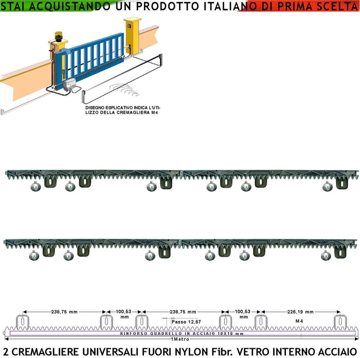 Asta Cremagliera Universale Antirumore M4 2 Pezzi da 1 Metro in Nylon Antiusura Interno Acciaio Portata Garantita 6 Q.li Max 10 Q. 6 Bulloni Per Metro Ricambio Cancello Scorrevole Giunture a Incastro