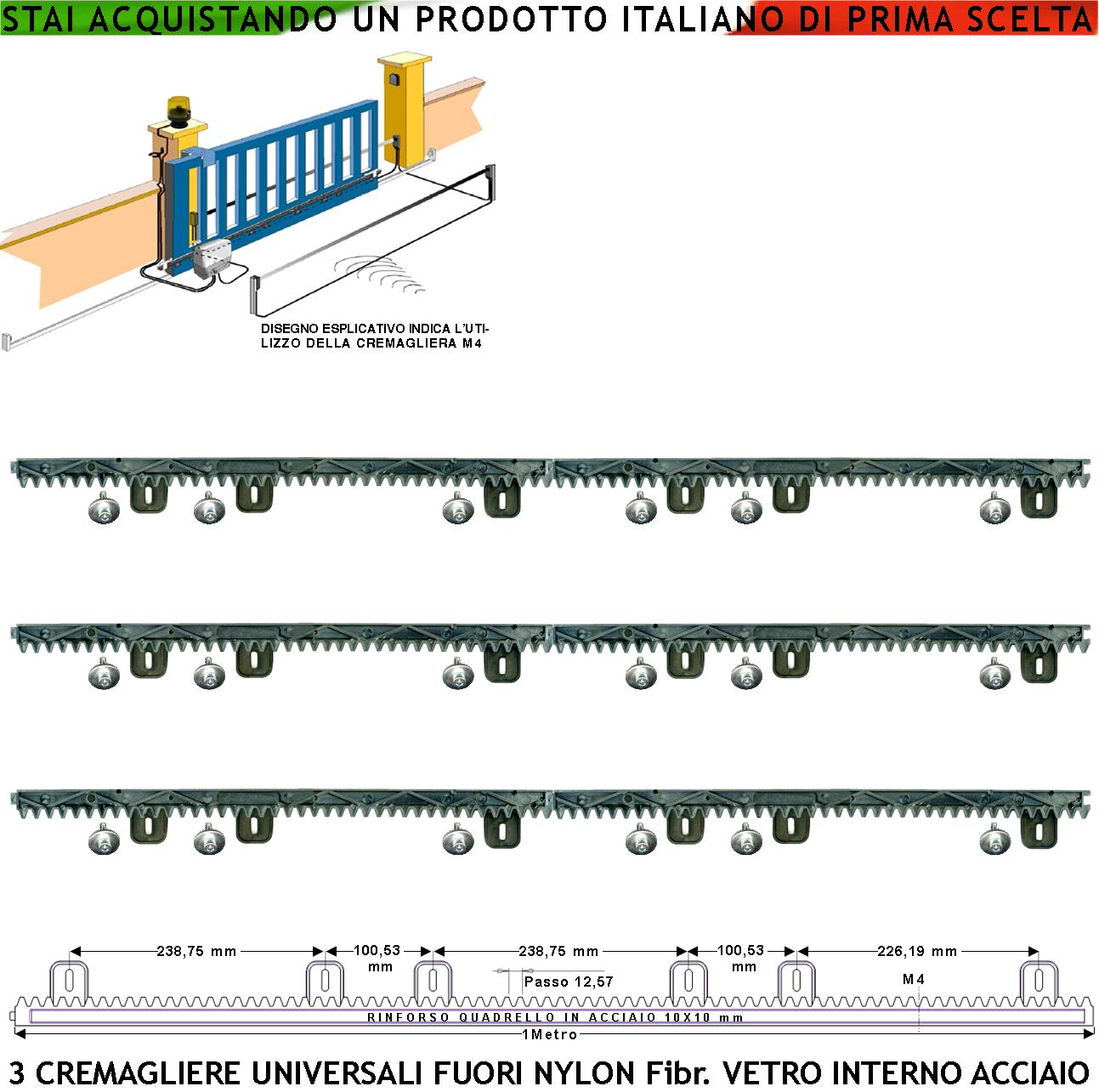 Cremagliera Universale M4 Antirumore Tre Pezzi da 1 Metro in Nylon Antiusura Anima in Acciaio Portata 6 Q.li Max 10 Q.li 6 Bulloni Per Metro Ricambio Cancello Scorrevole Giunture a Coda di Rondine