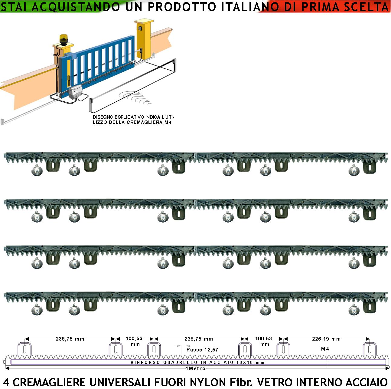 Kit Cremagliera Universale M4 Antiusura 4 Pezzi da 1 Metro in Nylon Antirumore Con Anima in Acciaio Portata 6 Q.li Max 10 Q.li 6 Bulloni Per Metro Ricambio Cancello Scorrevole Giunture ad Incastro