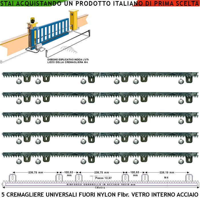 Cremagliera Universale M4 Antirumore Cinque Pezzi da 1 Metro in Nylon Antiusura Anima in Acciaio Portata 6 Q.li Max 10 Q.li 6 Bulloni Per Metro Ricambio Cancello Scorrevole Giunture a Coda di Rondine