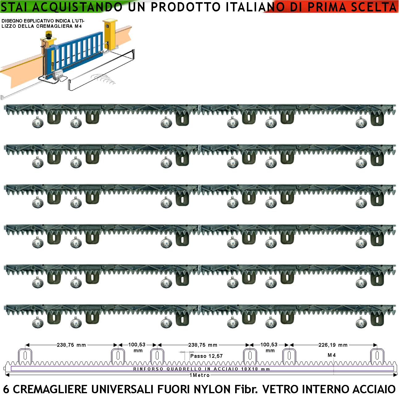 Cremagliera Universale M4 Antiusura Sei Pezzi da 1 Metro in Nylon Fibra Vetro Interno Acciaio Portata 6 Q.li Max 10 Q.li 6 Viti Autofilettanti X Metro Ricambio Cancello Scorrevole Giunture a Incastro