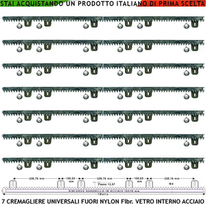 Asta Cremagliera M4 Antiusura Universale Sette Pezzi da 1 MT in Nylon Antirumore Interno Acciaio Portata Garantita 6 Q.li Max 10 Q.li 6 Bulloni X Metro Ricambio Cancello Scorrevole Giunture a Incastro