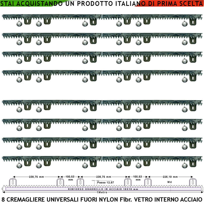 Asta Cremagliera M4 Antiusura Universale Otto Pezzi da 1 MT in Nylon Antirumore Interno Acciaio Portata Garantita 6 Q.li Max 10 Q.li 6 Bulloni X Metro Ricambio Cancello Scorrevole Giunture a Incastro