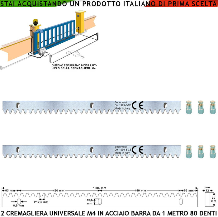 Barre Cremagliera Universale M4 Due Moduli da 1 MT Con 80 Denti in Acciaio Zincato 12X30 mm Portata 22 Q.li Max 30 Q.li Fissaggio Tre Bulloni Per Metro Ricambio Cancello Scorrevole Giunture Contatto