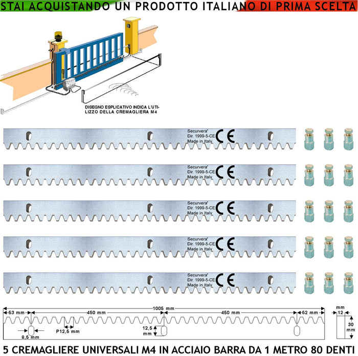 Barre Cremagliera Universale M4 Cinque Moduli da 1 MT in Acciaio Zincato 12X30 mm Portata 22 Q.li Max 30 Q.li Fissaggio Tre Bulloni 80 Denti Per Metro Ricambio Cancello Scorrevole Giunture Contatto