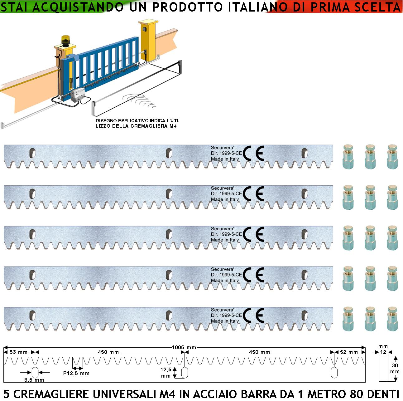 Cremagliera Universale M4 Cinque Moduli da 1 MT Con 80 Denti in Acciaio Zincato 12X30 mm Portata Garantita 22 Q.li Max 30 Q.li Fissaggio 3 Bulloni Per Metro Del Cancello Scorrevole Giunture a Contatto
