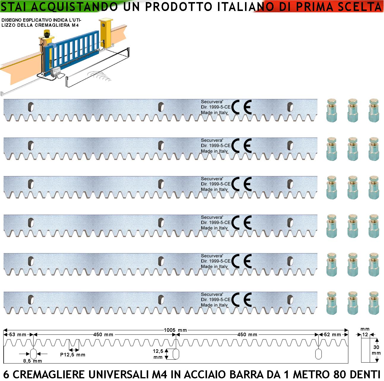 Barre Cremagliera Universale M4 Sei Moduli da 1 MT in Acciaio Zincato 12X30 mm Portata 22 Q.li Max 30 Q.li Con 80 Denti Fissaggio Tre Bulloni Per Metro Ricambio Cancello Scorrevole Giunture Contatto