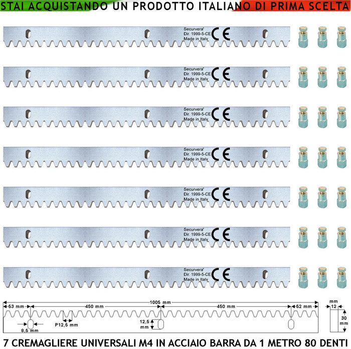 Cremagliera in Acciaio Zincato M4 Universale Sette Moduli da 1 Metro Con 80 Denti 12X30 mm Portata 22 Q.li Max 30 Q.li Fissaggio Tre Bulloni Per Metro Ricambio Cancello Scorrevole Giunture a Contatto