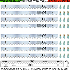 Cremagliera Universale M4 Otto Barre da 1 MT Con 80 Denti in Acciaio Zincato 12X30 mm Portata Garantita 22 Q.li Max 30 Q.li Fissaggio Tre Bulloni Per Metro Del Cancello Scorrevole Giunture Contatto
