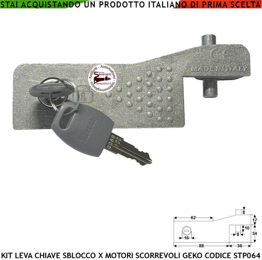 Kit Leva Sblocco STP064 del Motore Geko Montato su Cancello Scorrevole Completo di Chiave di Sicurezza Doppio Profilo Utile Per Mancanza di Rete Elettrica 230 V Libera L'Anta per Apertura Manuale