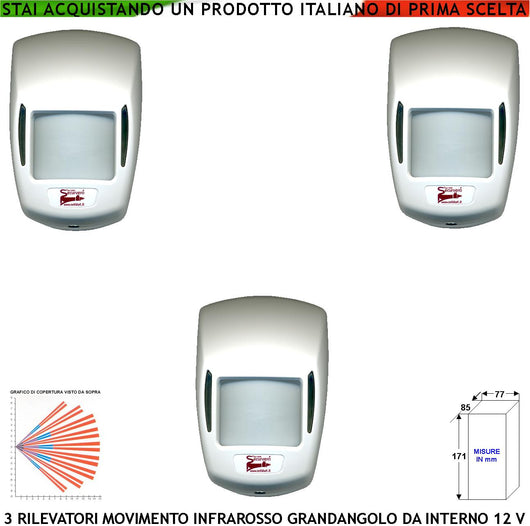 Infrarosso Passivo Grandangolo Sensore Movimento 3 Pezzi Per Antifurto Portata 15 MT da Interno Rileva Intruso Entro 90 Gradi Alimentazione 12 V Assorbimento 10 mA Lente 18 Fasci Bianco con Snodo ABS