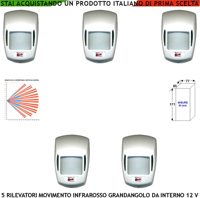 Rilevatore di Movimento Infrarosso Passivo Grandangolo Portata 15 MT Cinque Pezzi da Interno Entro 90 Gradi Rileva Intruso da Allarme Aliment. 12 V Assorb. 10 mA Lente 18 Fasci Contenitore ABS Bianco