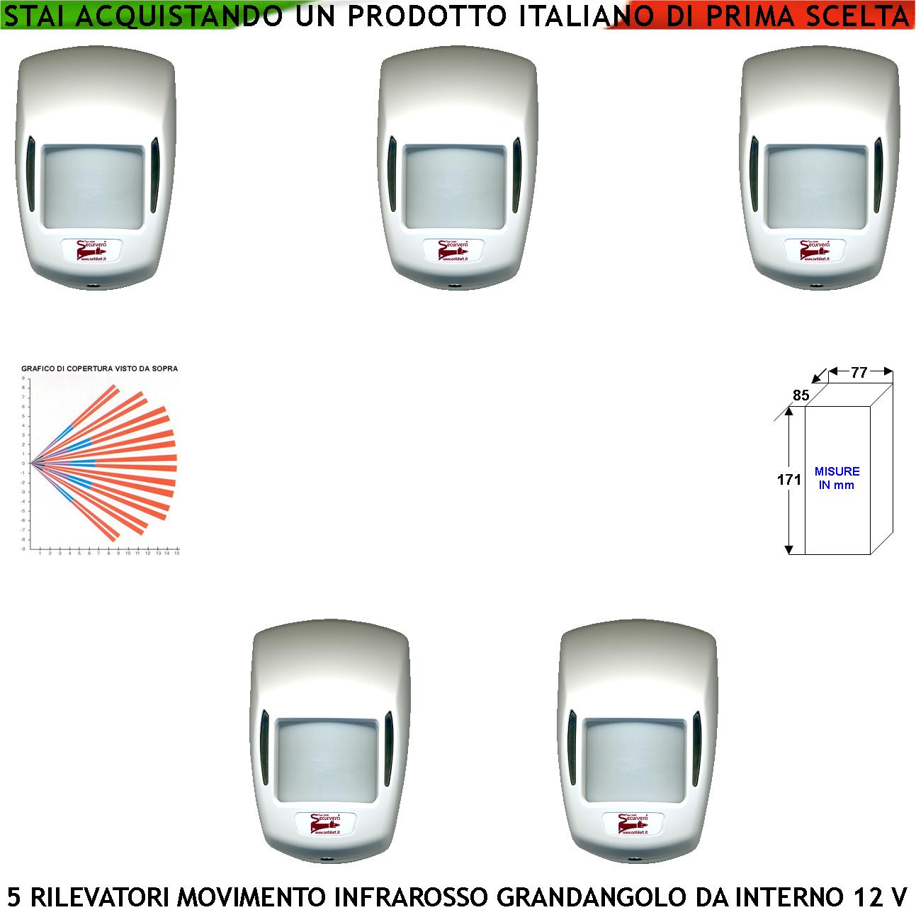 Infrarosso Passivo Grandangolo Sensore Movimento Cinque Pezzi Per Antifurto Portata 15 MT da Interno Rileva Intruso Entro 90 Gradi Aliment. 12 V Assorbimento 10 mA Lente 18 Fasci Bianco con Snodo ABS