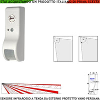 Sensore Movimento Estranei Dual Pir Infrarosso a Tenda da Esterno Per Balcone Finestra Rileva Intruso Invia Allarme Portata 8 MT 60° Vertic. 7° Oriz. Aliment. 12 V Assorb. 10 mA Cover Bianco ABS IP31