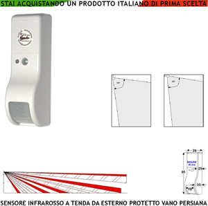 Infrarosso Dual Pir Tenda Esterno Protetto Sensore Estranei Rileva Intruso Invia Allarme Portata 8 MT 60° Vert. 7° Orizont. Aliment. 12 V Assorbim. 10 mA Antifurto Vano Persiana Cover Bianco ABS IP31