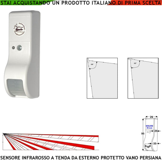 Sensore Intruso Rileva Movimento Dual Pir Infrarosso a Tenda da Esterno Per Porticato Vano Persiana Invia Allarme Portata 8 MT 60° Vertic. 7° Oriz. Aliment. 12 V Assorbim. 10 mA Cover Bianco ABS IP31