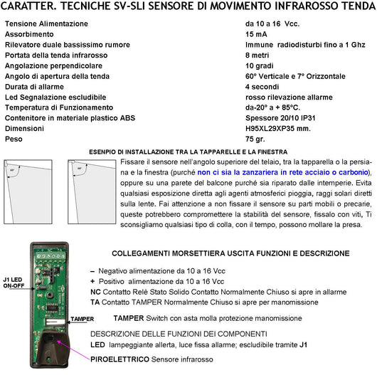 Rilevatore Movimento Infrarosso Tenda Esterno Finestra Vano Persiana Dual Pir Rileva Estraneo Invia Allarme Portata 8 MT 60° Vert. 7° Oriz. Alimentazione 12 V Assorbimento 10 mA Cover Bianco ABS IP31