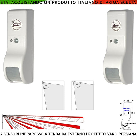 Infrarosso Dual Pir Tenda Esterno Protetto Due Sensori Che Rilevano Intruso Invia Allarme Portata 8 MT 60° Vert. 7° Orizont. Aliment. 12 V Assorbim. 10 mA Antifurto Vano Persiana Cover Bianco ABS IP31