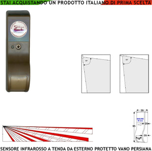 Rilevatore Movimento Infrarosso Tenda da Esterno Interno Marrone Vano Persiana Dual Pir Rileva Estraneo Invia Allarme Portata 8 MT 60° Vert. 7° Oriz. Alimentazione 12 V Assorbim. 10 mA Cover ABS IP31