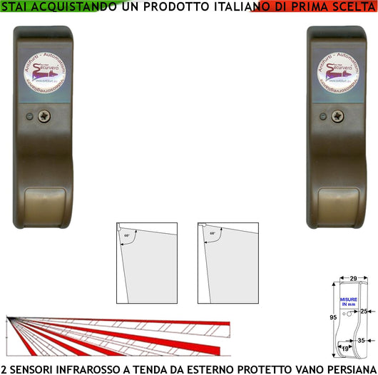 Sensore di Movimento Infrarosso Tenda Esterno 2 Pezzi Marroni Per Vano Persiana Dual Pir Rilevano Estranei Inviano Allarme Portata 8 MT 60° Vert. 7° Oriz. Aliment. 12 V Assorbim. 10 mA Cover ABS IP31