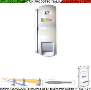 Rilevatore di Movimento Doppia Tecnologia Tenda Dual Pir e Micronda Portata 8/12 MT Esterno Interno Per Balcone Rileva Intrusi Invia Allarme Alimen. 12 V Assorb. 10 mA Cover Staffa ABS Bianca IP31