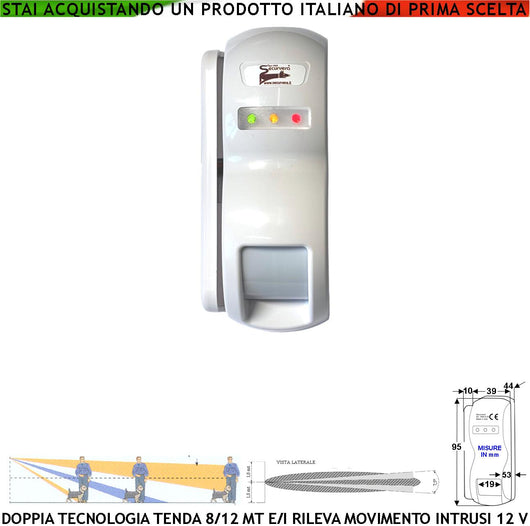 Evita Furto Doppia Tecnologia Tenda Dual Pir e Micronda Portata 8/12 MT Esterno Interno Per Corridoio Rileva Ignoti Ladri Invia Allarme Aliment. 12 V Assorbim. 10 mA Cover Staffa ABS Bianca IP31