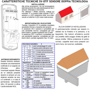 Evita Furto Doppia Tecnologia Tenda Dual Pir e Micronda Portata 8/12 MT Esterno Interno Per Corridoio Rileva Ignoti Ladri Invia Allarme Aliment. 12 V Assorbim. 10 mA Cover Staffa ABS Bianca IP31