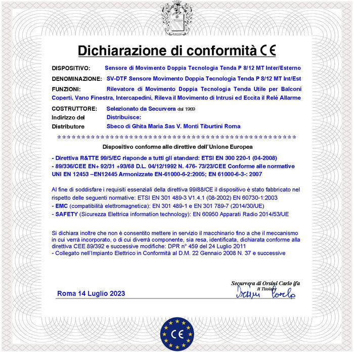 Rilevatore di Movimento Doppia Tecnologia Tenda Dual Pir e Micronda 2 Pezzi Portata 8/12 MT Esterno Interno Rileva Intrusi e Invia Allarme Alimen. 12 V Assorb. 10 mA Cover Staffa ABS Bianca IP31