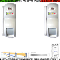 Evita Furto Doppia Tecnologia Tenda Dual Pir e Micronda 2 Pezzi Portata 8/12 MT Esterno Interno Rileva Movimento di Ladri Invia Allarme Aliment. 12 V Assorbim. 10 mA Cover Staffa ABS Bianca IP31