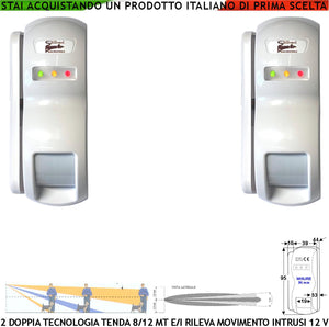 Evita Furto Doppia Tecnologia Tenda Dual Pir e Micronda 2 Pezzi Portata 8/12 MT Esterno Interno Rileva Movimento di Ladri Invia Allarme Aliment. 12 V Assorbim. 10 mA Cover Staffa ABS Bianca IP31