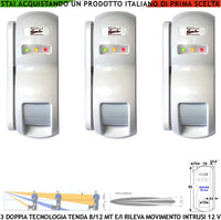 Doppia Tecnologia Tenda Dual Pir e Micronda 3 Pezzi Portata 8/12 MT Sensore Movimento Ladri Ignoti Rampa Scala Esterna Rileva Invia Allarme Aliment. 12 V Assorb. 10 mA Cover Staffa ABS Bianca IP31