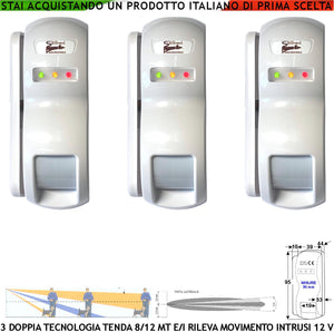 Doppia Tecnologia Tenda Dual Pir e Micronda Sensori di Movimento 3 Pezzi Portata 8/12 MT Rileva Intrusi Vano Finestra Esterno Interno Invia Allarme Aliment. 12 V 10 mA Cover Staffa ABS Bianca IP31