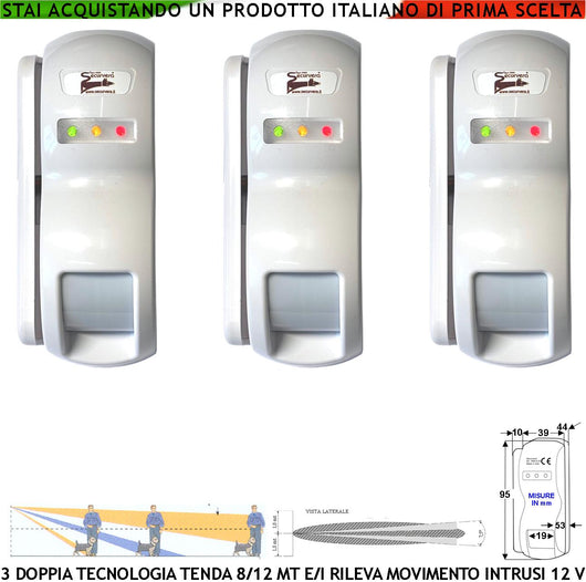 Doppia Tecnologia Tenda Dual Pir e Micronda Sensori di Movimento 3 Pezzi Portata 8/12 MT Rileva Intrusi Vano Finestra Esterno Interno Invia Allarme Aliment. 12 V 10 mA Cover Staffa ABS Bianca IP31