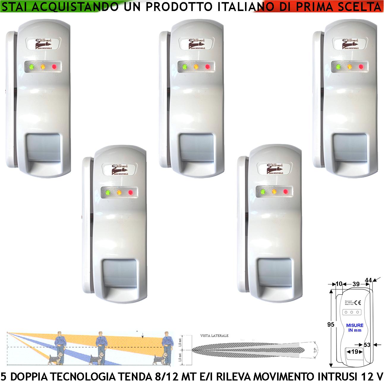 Evita Furto Doppia Tecnologia Tenda Dual Pir e Micronda 5 Pezzi Portata 8/12 MT Esterno Interno Rileva Movimento di Ladri Invia Allarme Aliment. 12 V Assorbim. 10 mA Cover Staffa ABS Bianca IP31