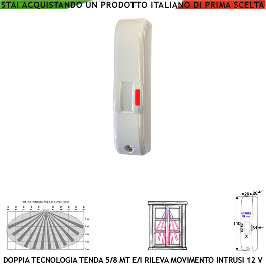 Doppia Tecnologia Tenda Infrarosso e Microonda Gatewatch Portata 5 MT Sensore Movimento Ladri Esterno Coperto Rampa Scala Rileva Intrusi Invia Allarme Alimen. 12 V Assorb. 10 mA Cover Bianca ABS IP44