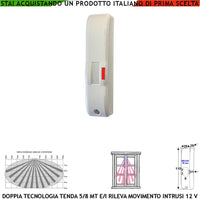 Doppia Tecnologia Tenda Infrarosso e Microonda Sensore di Movimento Portata 5 Metri Rileva Intrusi Vano Finestra Esterno Ingresso Interno Invia Allarme Alim. 12 V Assorb. 10 mA Cover Bianca ABS IP44