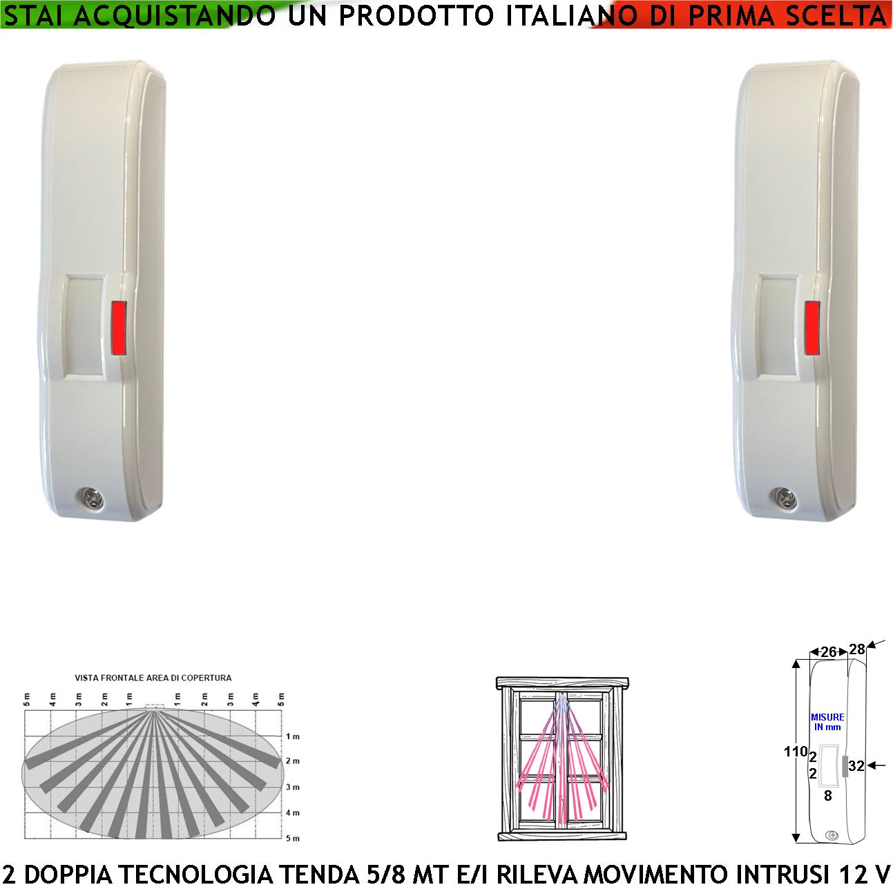 Doppia Tecnologia Tenda Infrarosso e Microonda Gatewatch Portata 5 MT 2 Pezzi Sensori Movimento Ladri Rampa Scala Coperto Rileva Intrusi Invia Allarme Alimen. 12 V Assorb. 10 mA Cover Bianca ABS IP44