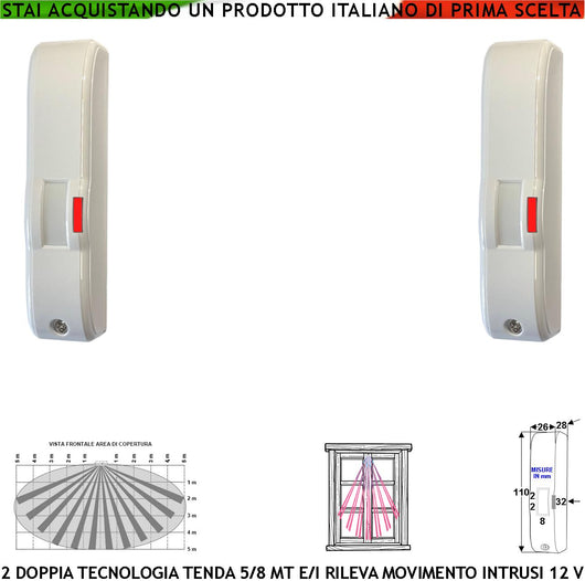 Doppia Tecnologia Tenda Infrarosso e Microonda 2 Pezzi Sensori di Movimento Portata 5 Metri Rilevano Intrusi Vano Finestra Ingresso Interno Invia Allarme Alim. 12 V Assorb. 10 mA Cover Bianca ABS IP44
