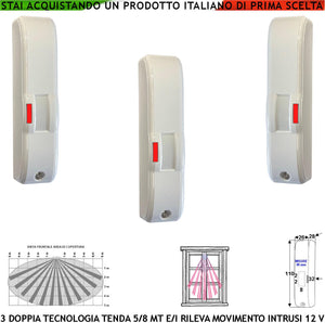 Sensore di Movimento 3 Doppia Tecnologia Tenda Infrarosso e Microonda Portata 5 MT Antifurto Ballatoio Interno Porticato Rileva Intrusi Invia Allarme Aliment. 12 V Assorb. 10 mA Cover Bianca ABS IP44