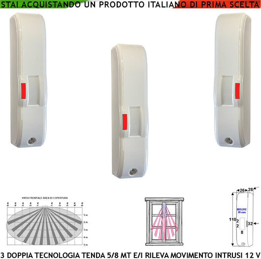 Sensore di Movimento 3 Doppia Tecnologia Tenda Infrarosso e Microonda Portata 5 MT Antifurto Ballatoio Interno Porticato Rileva Intrusi Invia Allarme Aliment. 12 V Assorb. 10 mA Cover Bianca ABS IP44