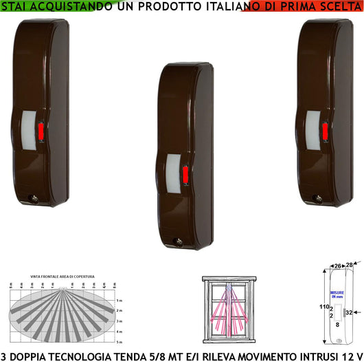 Evita Furto Tre Doppia Tecnologia a Tenda Marrone Infrarosso e Microonda Portata 5 MT Vano Finestra Interno Corridoio Scala Rileva Intrusi Ladri Invia Allarme Alim. 12 V Assorb. 10 mA Cover ABS IP44
