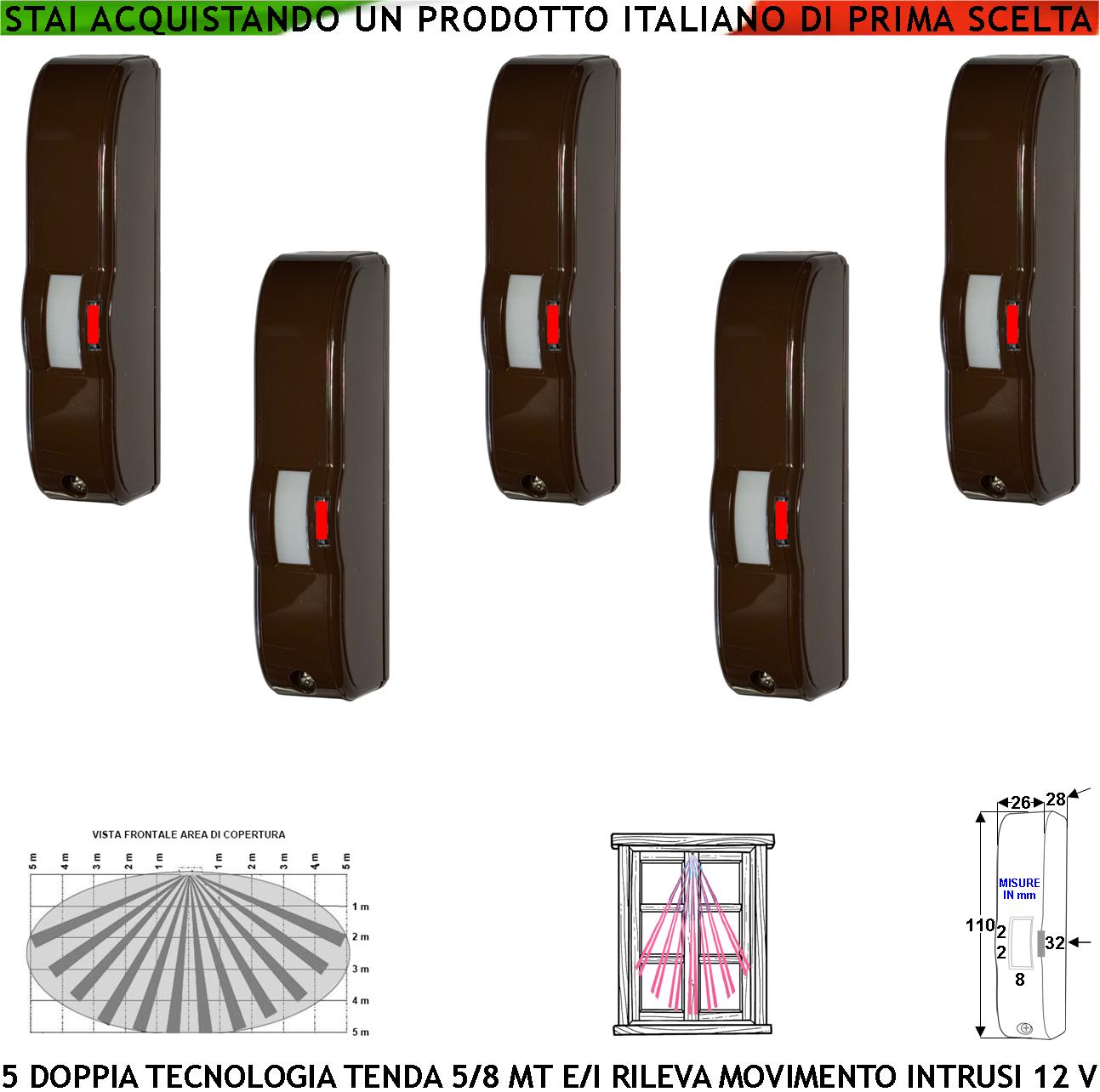 Doppia Tecnologia Gatewatch Marrone a Tenda 5 Sensori Infrarosso e Microonda Portata 5 MT Rilevano Movimento Ladri Intrusi Per Rampa Scala Invia Allarme Alimen. 12 V Assorb. 10 mA Cover ABS IP44