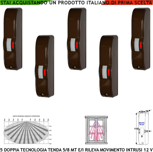 Sensore di Movimento Marrone Cinque Doppia Tecnologia Tenda Infrarosso e Microonda Portata 5 MT Ballatoio Interno Porticato Rileva Intrusi Invia Allarme Aliment. 12 V Assorbim. 10 mA Cover ABS IP44