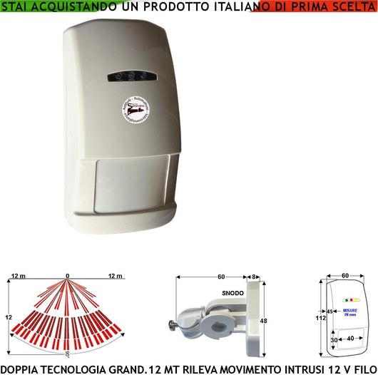 Rilevatore Movimento Doppia Tecnologia Grandangolo Per Antifurto Portata 12 MT da Interno Rileva Intrusi Aliment. 12 V Assorb. 40 mA Infrarosso Lente 25 Fasci su 4 Piani Contenitore Bianco Snodo ABS