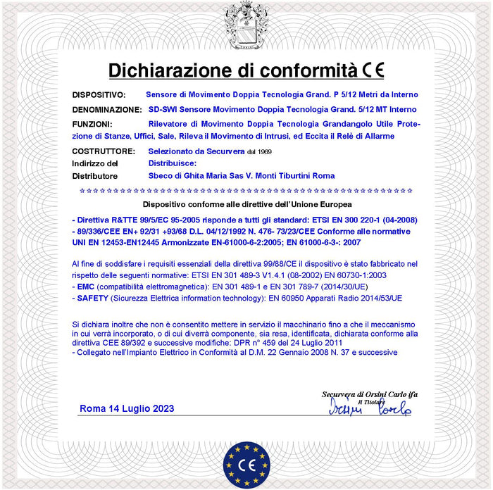Sensore a Doppia Tecnologia Grandangolo Rileva Movimento Intrusi Per Antifurto Portata 12 MT da Interno Aliment. 12 V Assorb. 40 mA Infrarosso Lente 25 Fasci su 4 Piani Contenitore Bianco Snodo ABS
