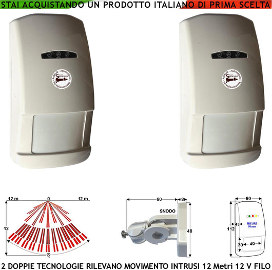 Sensori di Movimento 2 Doppia Tecnologia Grandangolo Per Allarme Portata 12 MT da Interno Rileva Intruso Entro 90 Gradi Alimen. 12 V Assorb. 40 mA Infrarosso Lente 25 Fasci su 4 Piani Bianco Snodo ABS