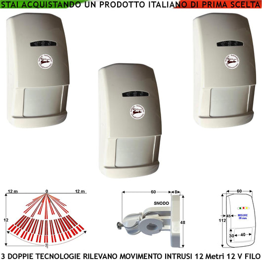 Doppia Tecnologia Grandangolo Tre Sensori di Movimento Antifurto Portata 12 MT da Interno Rileva Intruso Aliment. 12 V Assorb. 40 mA Infrarosso Lente 25 Fasci su 4 Piani Contenitore Bianco Snodo ABS
