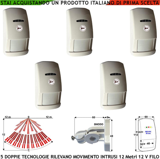 Rilevano Movimento 5 Doppia Tecnologia Grandangolo Per Allarme Portata 12 MT da Interno Rileva Intruso Entro 90 Gradi Alimen. 12 V Assorb. 40 mA Infrarosso Lente 25 Fasci su 4 Piani Bianco Snodo ABS